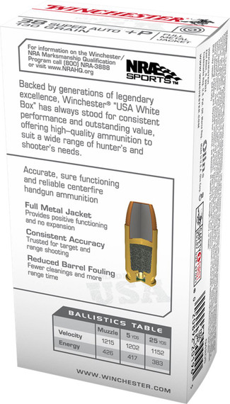 Winchester Q4205 USA 38Super+P 130gr Full Metal Jacket 50 Per Box/10 Case Centerfire, Handgun Ammunition