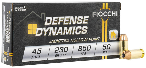 Fiocchi 45T500 Defense Dynamics 45ACP 230gr Jacketed Hollow Point 50 Per Box/10 Case Centerfire, Handgun Ammunition