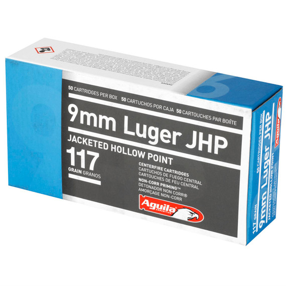 Aguila Ammunition Pistol, 9MM, 117Gr, Jacketed Hollow Point, 50 Round Box 1E092112