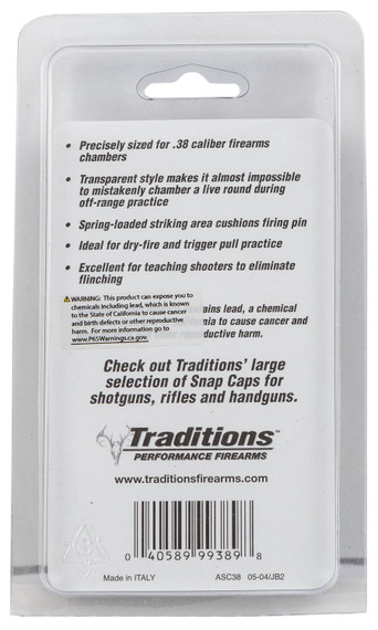 Traditions ASC38 Snap Caps, Pistol 38Special Plastic Brass Base 6Pack