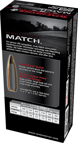 Winchester S223M2 Match 223Rem 69gr Sierra MatchKing BTHP 20 Per Box/10 Case Centerfire, Rifle Ammunition