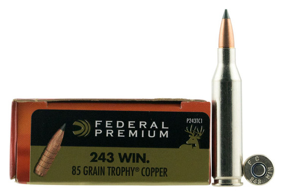 Federal P243TC1 Premium 243Win 85gr Trophy Copper 20 Per Box/10 Case Centerfire, Rifle Ammunition