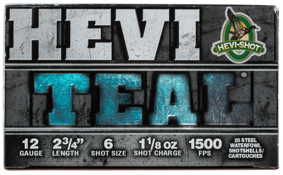 HEVI-Shot HS61226 HEVI-Teal 12Gauge 2.75 in 1 1/8oz 6Shot 25 Per Box/10 Case, Shotgun Shells