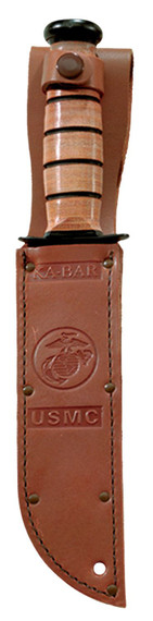 Ka-Bar 1252 USMC 5.25 in Fixed Clip Point Part Serrated Black 1095 Cro-Van Blade, Brown Leather Handle, Includes Sheath, Knife