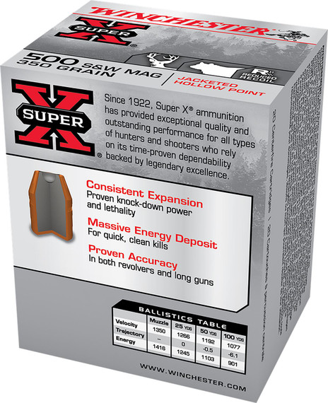 Winchester Ammo X500SW Super X 500 S&W Mag 350 gr Jacketed Hollow Point 20 Per Box/ 10 Case