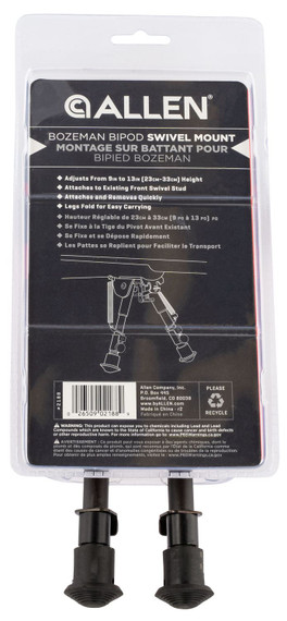 Allen 2188 Bozeman, Rifle Bipod Black Aluminum w/Sling Swivel Mount, Rubber Feet & 9-13 in Vertical Adjustment