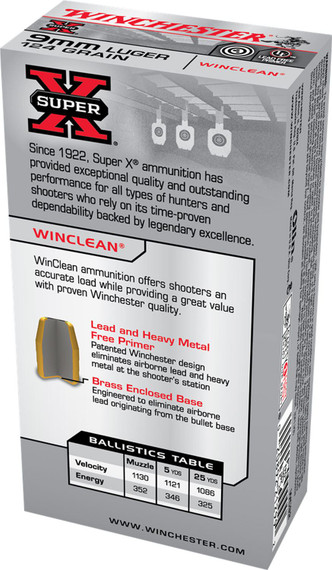 Winchester WC92 Super X 9mmLuger 124gr Winclean Brass Enclosed Base 50 Per Box/10 Case Centerfire, Handgun Ammunition