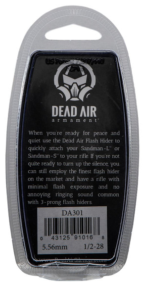Dead Air DA301 Flash Hider Black with 1/2 in-28 tpi Threads & 2.70 in OAL for 5.56x45mm NATO Sandman Series, KeyMod Equipped Nomad-30 & Primal Suppressors
