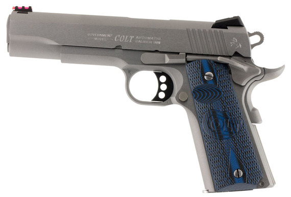 Colt Mfg O1072CCS Competition Government 9mm Luger 9+1 5 in Stainless National Match Barrel, Serrated Slide & Frame w/Beavertail, Checkered Blue G10 Grip, Pistol
