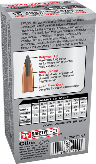 Winchester X17W15PLF Varmint X Lead Free 17WSM 15gr Polymer Tip Rapid Expansion 50 Per Box/10 Case Rimfire Ammunition