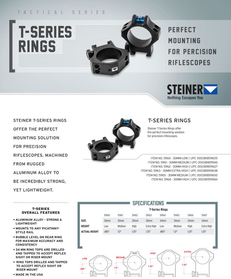 Steiner 5961 T-Series Rings Matte Black 30mm Medium