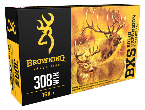 Browning B192403081 BXS Copper Expansion 308Win 150gr Lead Free Solid Expansion Polymer Tip 20 Per Box/10 Case Centerfire, Rifle Ammunition
