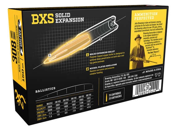 Browning B192403081 BXS Copper Expansion 308Win 150gr Lead Free Solid Expansion Polymer Tip 20 Per Box/10 Case Centerfire, Rifle Ammunition