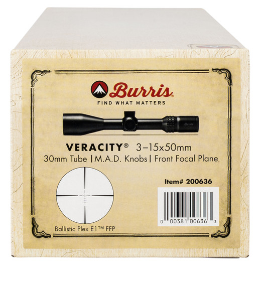 Burris 200636 Veracity Matte Black 3-15x50mm 30mm Tube Ballistic Plex E1 FFP Reticle, Rifle Scope