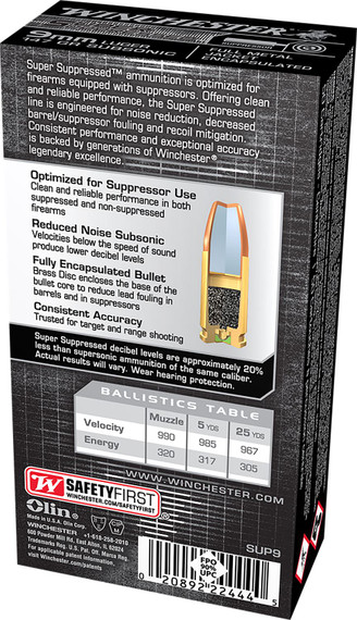 Winchester SUP9 Super Suppressed 9mmLuger Subsonic 147gr Encapsulated Full Metal Jacket 50 Per Box/10 Case Centerfire, Handgun Ammunition