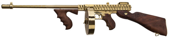 Thompson T150DTGTS 1927A-1 Deluxe 45 ACP Caliber with 16.50 in Barrel, 20+1 Capacity (Stick), 50+1 Capacity (Drum), Gold w/Tiger Stripe Metal Finish, American Walnut Stock Wood Grip Right Hand, Rifle