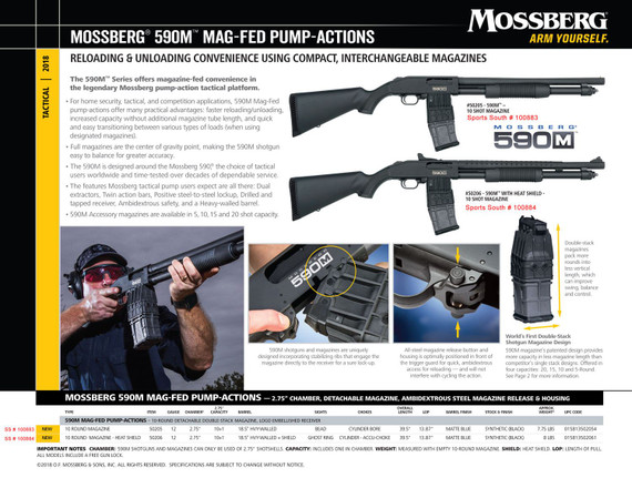 Mossberg 50205 590M Mag-Fed 12 Gauge 2.75 in 10+1 18.50 in Heavy-Walled Cylinder Bore Barrel, Matte Blued Metal Finish, Receiver, Steel, Magazine Release & Housing, Synthetic Stock, Shotgun