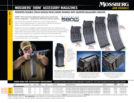 Mossberg 50205 590M Mag-Fed 12 Gauge 2.75 in 10+1 18.50 in Heavy-Walled Cylinder Bore Barrel, Matte Blued Metal Finish, Receiver, Steel, Magazine Release & Housing, Synthetic Stock, Shotgun