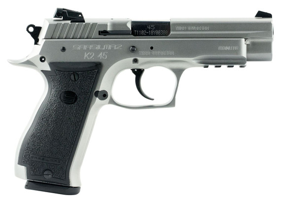 SAR USA K245ST K2 45 ACP 14+1, 4.70 in Black Steel Barrel, Stainless Steel Serrated Slide, Stainless Steel Frame w/Beavertail & Picatinny Rail, Black Polymer Grip, Manual Thumb Safety, Right Hand, Pistol