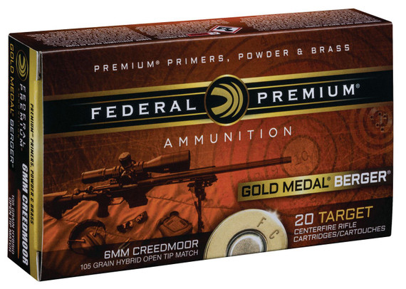 Federal GM65CRDBH1 Premium Gold Medal 6mmCreedmoor 105gr Berger Hybrid Open Tip Match 20 Per Box/10 Case Centerfire, Rifle Ammunition