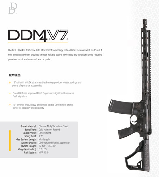 Daniel Defense 0212802267047 DDM4 V7 5.56x45mm NATO 16 in 30+1 Rattlecan Cerakote 6 Position w/SoftTouch Overmolding Stock, Rifle