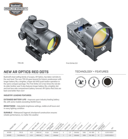 Bushnell AR71XRS AR Optics First Strike 2.0 Black 1x 3 MOA Red Dot Reticle