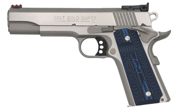 Colt Mfg O5073GCL Gold Cup Lite 38 Super 8+1 5 in Stainless National Match Barrel, Stainless Steel Serrated Slide, Stainless Steel Frame w/Beavertail, Blue Scalloped G10 Grip, Pistol