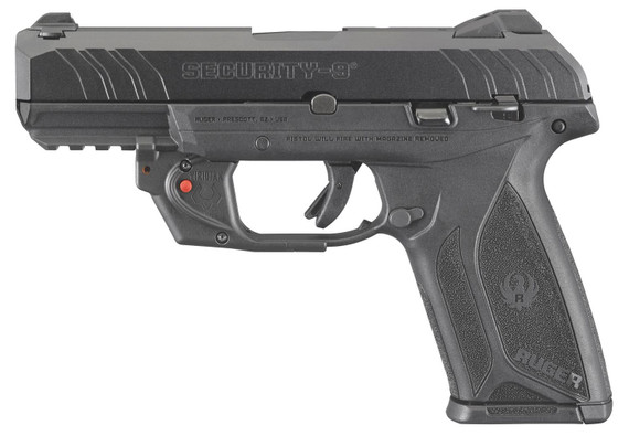 Ruger 3816 Security-9 9mm Luger 15+1 4 in Black Alloy Steel Barrel, Black Oxide Serrated Alloy Steel Slide, Black Polymer Frame w/Picatinny Rail, Black Textured Polymer Grip, Viridian E-Series Red Laser, Right Hand, Pistol