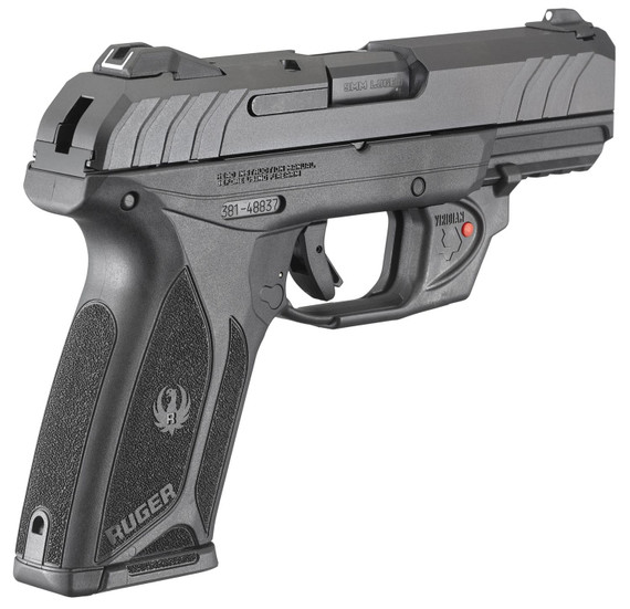 Ruger 3816 Security-9 9mm Luger 15+1 4 in Black Alloy Steel Barrel, Black Oxide Serrated Alloy Steel Slide, Black Polymer Frame w/Picatinny Rail, Black Textured Polymer Grip, Viridian E-Series Red Laser, Right Hand, Pistol