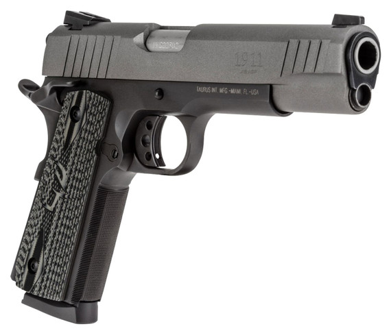 Taurus 1191101GVZ 1911 Full Size Frame 45 ACP 8+1 5 in Matte Stainless Steel Barrel, Tungsten Gray Cerakote Serrated Steel Slide, Matte Black Steel Frame w/Beavertail, Gray VZ Operator II Grip, Right Hand, Pistol