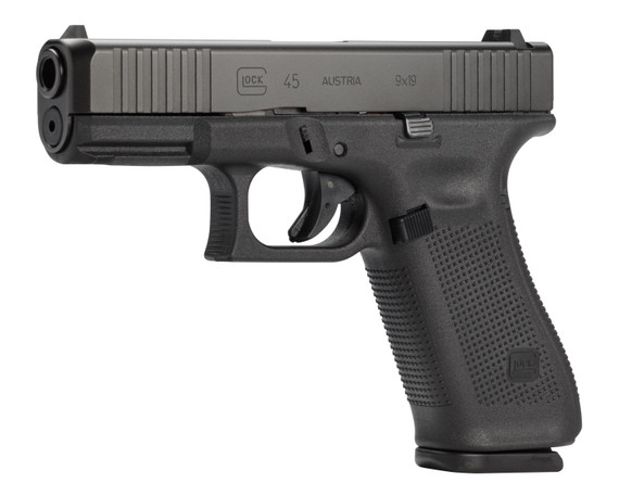 Glock PA455S203 G45 Gen5 Compact 9mm Luger 17+1 4.02 in Black GMB Barrel, Black nDLC Serrated Slide, Black Polymer Frame w/Accessory Rail, Black Textured w/Interchangeable Backstrap Grip, Pistol