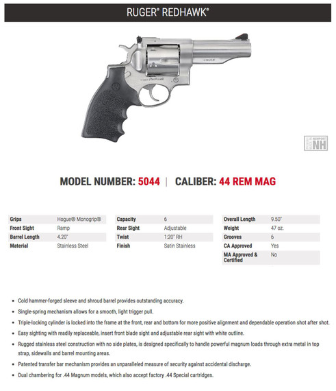 Ruger 5044 Redhawk 44 Special/44 Rem Mag 6rd, 4.20 in Satin Stainless Steel Barrel, Dual Chambered Satin Stainless Cylinder, Satin Stainless Steel Frame, Hardwood Grip, Exposed Hammer , Revolver