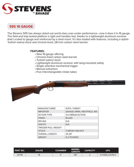 Stevens 22178 555 16 Gauge 28 in Over/Under 3 in Black Semi-Gloss Oiled Turkish Walnut Hand (5) Chokes, Shotgun