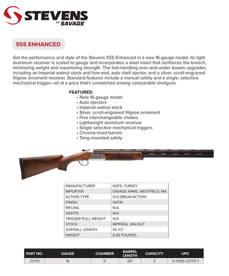 Stevens 22179 555 E 16 Gauge 3 in 28 in Over/Under Vent Rib Barrel, Silver Engraved Receiver, Oiled Turkish Walnut, Includes Five Chokes, Hand, Shotgun