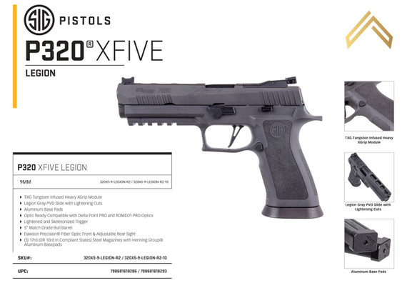 Sig Sauer 320X59LEGIONR2 P320 XFive Legion Full Size 9mm Luger 17+1, 5 in Black Steel Bull Barrel, Legion Gray Cerakote Optic Ready/Serrated Slide, Legion Gray Stainless Steel Frame w/Beavertail & Picatinny Rail, Legion Gray TXG Grips Right Hand, Pis