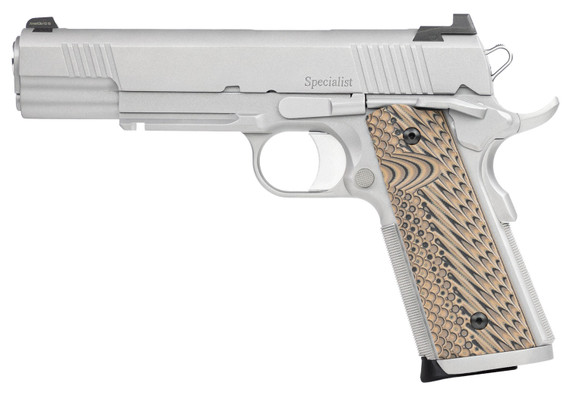 Dan Wesson 01815 Specialist 10mm Auto 8+1 5 in Stainless Steel Barrel, Bead Blasted Serrated Stainless Steel Slide, Stainless Steel Frame w/Beavertail & Picatinny Rail, Black/Brown G10 Grip, Pistol
