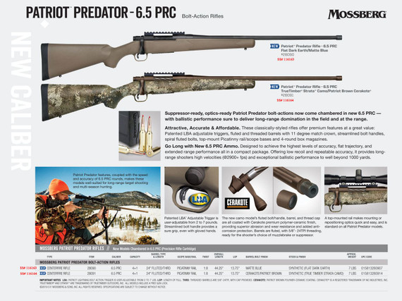 Mossberg 28091 Patriot Predator 6.5 PRC 4+1 24 in Threaded/Fluted Barrel, Patriot Brown Cerakote Barrel & Oversized Bolt Handle, Picatinny Rail, Drop Box, Magazine, TrueTimber Strata Synthetic Stock, Optics/Suppressor Ready, Rifle