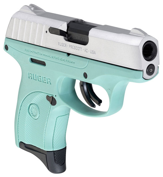 Ruger 13200 EC9s Compact Frame 9mm Luger 7+1, 3.12 in Black Steel Barrel, Aluminum Cerakote Serrated Steel Slide, Turquoise Polymer Frame, Turquoise Grip, Manual/Trigger Safety, Right Hand, Pistol