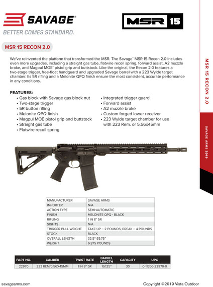 Savage Arms 22970 MSR 15 Recon 2.0 5.56x45mm NATO 30+1 16.13 in Carbon Steel Barrel, Aluminum Receiver, Matte Black Adjustable Magpul Stock, Black Magpul Grip, Rifle