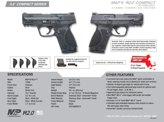 Smith and Wesson M&P 9 M2.0 Compact (MA Complaint) Pistol | 13008