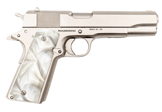 Rock Island 56418 GI Standard FS *CA Compliant 45 ACP Caliber with 5 in Barrel, 8+1 Capacity, Overall Matte Nickel Finish Steel, Beavertail Frame, Serrated Slide & Mother of Pearl Grip, Pistol