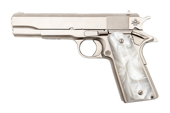 Rock Island 56418 GI Standard FS *CA Compliant 45 ACP Caliber with 5 in Barrel, 8+1 Capacity, Overall Matte Nickel Finish Steel, Beavertail Frame, Serrated Slide & Mother of Pearl Grip, Pistol