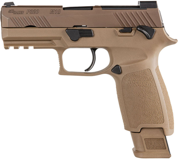 Sig Sauer 320CA9M18MS P320 M18 Carry Frame 9mm Luger 17+1/21+1, 3.90 in Black Carbon Steel Barrel, Coyote PVD Optic Cut/Serrated SS Slide & Frame w/Beavertail & Picatinny Rail, Coyote Polymer Grip, 3, Magazines, Optic Plate, Pistol