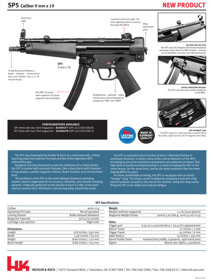 H&K 81000477 SP5 9mm Luger 30+1 8.86 in Black Steel Barrel, Black Aluminum Receiver, Black Polymer Grips, Pistol