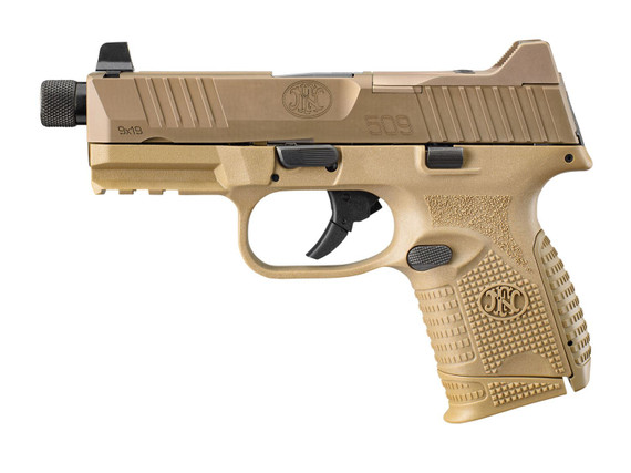 FN 66100780 509CT Compact 9mm Luger 12+1/24+1, 4.32 in Black Steel Threaded Barrel, FDE Optic Cut/Serrated Stainless Steel Slide, FDE Polymer Frame w/Picatinny Rail, Pistol