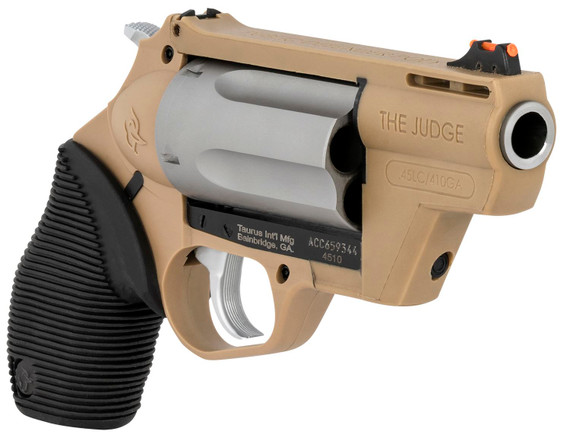 Taurus 2441029FDE Judge Public Defender Small Frame 45 Colt (Long Colt)/410 Gauge 5rd 2.50 in FDE Steel Barrel, Matte Stainless Cylinder, FDE Steel Frame, Black Ribber Grip, Transfer Bar Safety, Exposed Hammer , Revolver