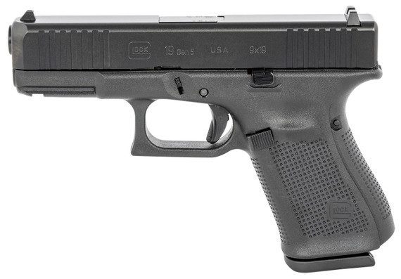 Glock UA195S203 G19 Gen5 Compact 9mm Luger 15+1 4.02 in Black GMB Barrel, Black nDLC Serrated Slide, Black Polymer Frame w/Picatinny Rail, Black Textured w/Interchangeable Backstrap Grip, USA Made, Pistol