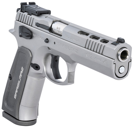 SAR USA K12STSPX K12 Sport X 9mm Luger 17+1, 4.70 in Stainless Target Crown Steel Barrel, Matte Stainless Ported/Serrated Steel Slide, Matte Stainless Steel Frame w/Beavertail, Gray Polymer Grip, Manual Thumb Safety, Right Hand, Pistol