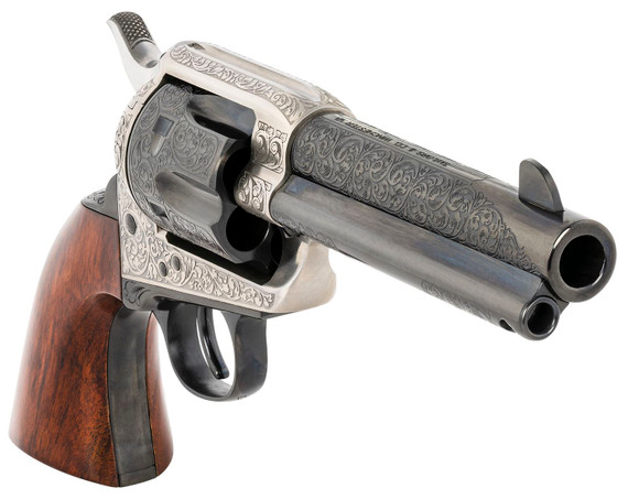 Taylors & Company 550925 1873 Cattleman 45 Colt (LC) Caliber with 4.75 in Blued Floral Engraved Finish Barrel, 6rd Capacity Blued Finish Cylinder, Coin Photo Engraved Finish Steel Frame & Walnut Grip , Revolver