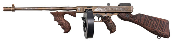 Thompson T114C3 1927A-1 Deluxe Bootlegger 45 ACP 16.50 in 20+1 Stick, 50+1 Drum Distressed Burnt Bronze Cerakote Engraved Rec Stained American Walnut Engraved Fixed Pistol Grip Stock Right Hand